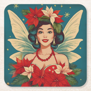 Posavasos Cuadrado De Papel Reina de la belleza pin-up navideña tropical retro