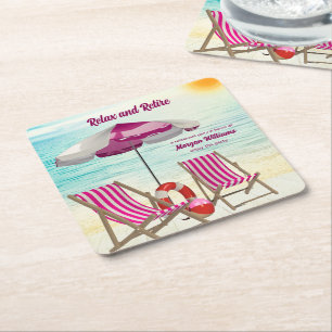 Posavasos Cuadrado De Papel Relájate y Retírate Silla de Playa Tropical Jubila