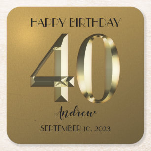 Posavasos Cuadrado De Papel Relieve metalizado de oro metálico 40 cumpleaños