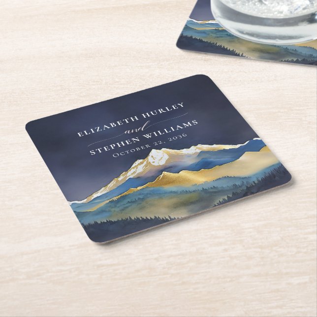 Posavasos Cuadrado De Papel Relieve metalizado dorado azul acuático Boda al ai (En perspectiva)