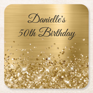 Posavasos Cuadrado De Papel Relieve metalizado dorado Purpurinoso 50 cumpleaño