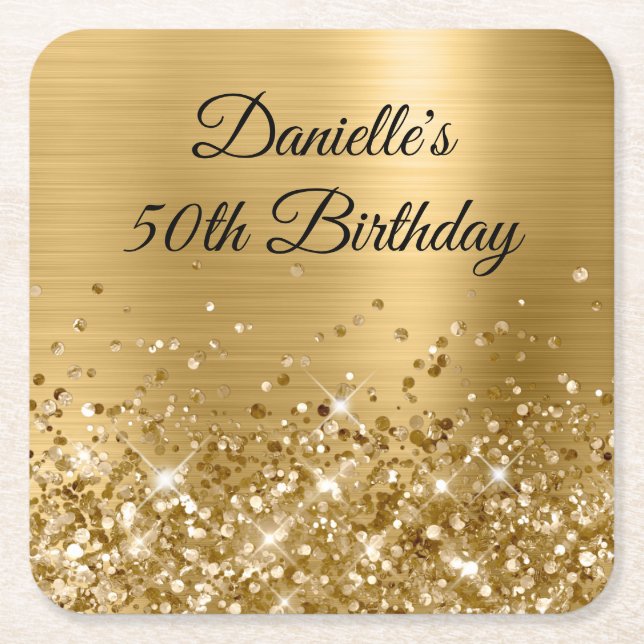 Posavasos Cuadrado De Papel Relieve metalizado dorado Purpurinoso 50 cumpleaño (Anverso)