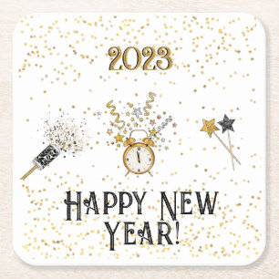 Posavasos Cuadrado De Papel Reloj de Año Nuevo, serpentinas, estrellas, lazos