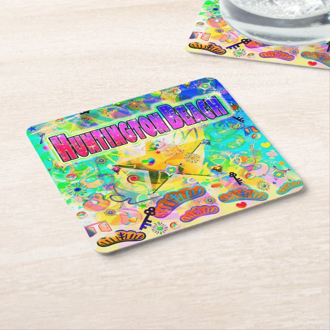 Posavasos Cuadrado De Papel Reloj de Huntington Beach Epoch Coaster (En perspectiva)