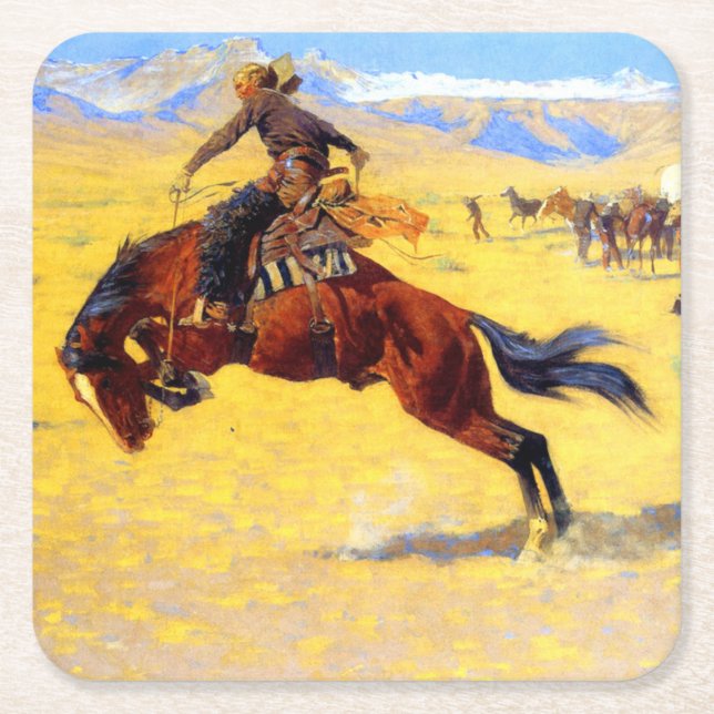 Posavasos Cuadrado De Papel Remington Old West Horse y Cowboy (Anverso)