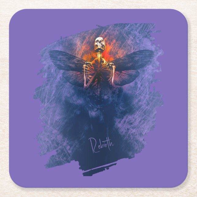 Posavasos Cuadrado De Papel Renacimiento. Esqueleto con alas levantándose (Anverso)