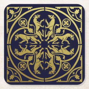 Posavasos Cuadrado De Papel Renacimiento Medieval Heraldio León Leopardo Metál
