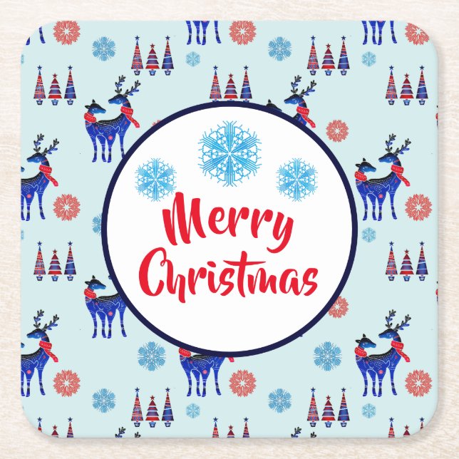 Posavasos Cuadrado De Papel Renos, árboles de Navidad y patrones de copos de n (Anverso)