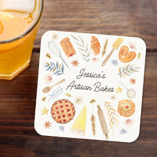 Posavasos Cuadrado De Papel Repostería de Pastelería Personalizada Acuarela Pa