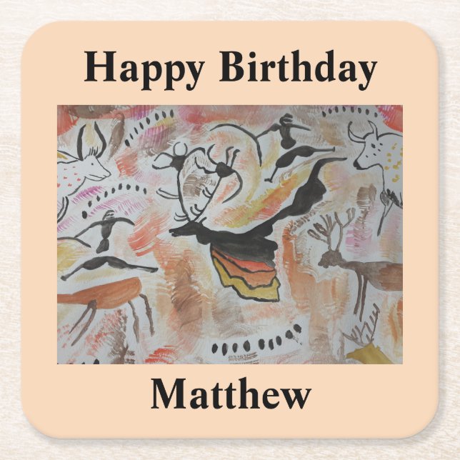 Posavasos Cuadrado De Papel Resumen de arte rupestre Cumpleaños (Anverso)