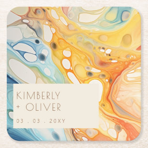 Posavasos Cuadrado De Papel Resumen de la boda de las olas del mar y las piedr