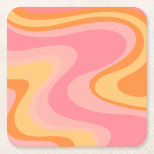 Posavasos Cuadrado De Papel Resumen de la visión retro Swirl 60s 70s Rosa y N