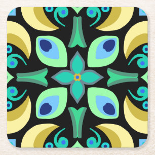 Posavasos Cuadrado De Papel Resumen de mosaico verde azulado con fondo negro