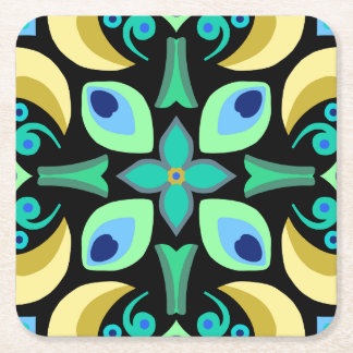 Posavasos Cuadrado De Papel Resumen de mosaico verde azulado con fondo negro