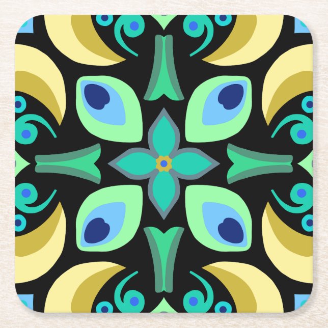 Posavasos Cuadrado De Papel Resumen de mosaico verde azulado con fondo negro (Anverso)