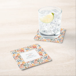 Posavasos Cuadrado De Papel Resumen Floral y pájaros Boda moderno de mediados