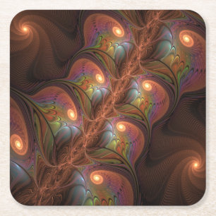 Posavasos Cuadrado De Papel Resumen fluorescente colorido Trippy Brown Fractal