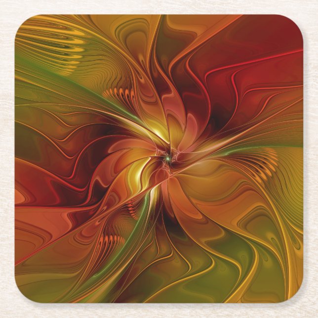 Posavasos Cuadrado De Papel Resumen Naranja rojo Brown Flor de arte fractal ve (Anverso)