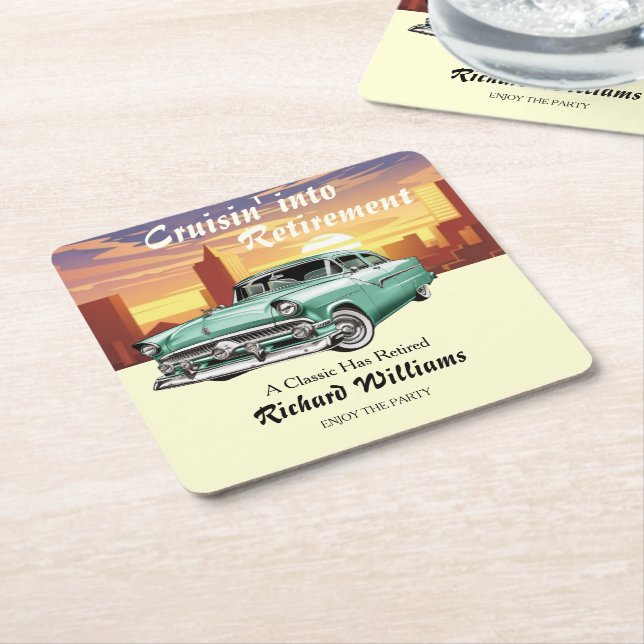 Posavasos Cuadrado De Papel Retirement Cruising Classic Retro Car City Fiesta (En perspectiva)