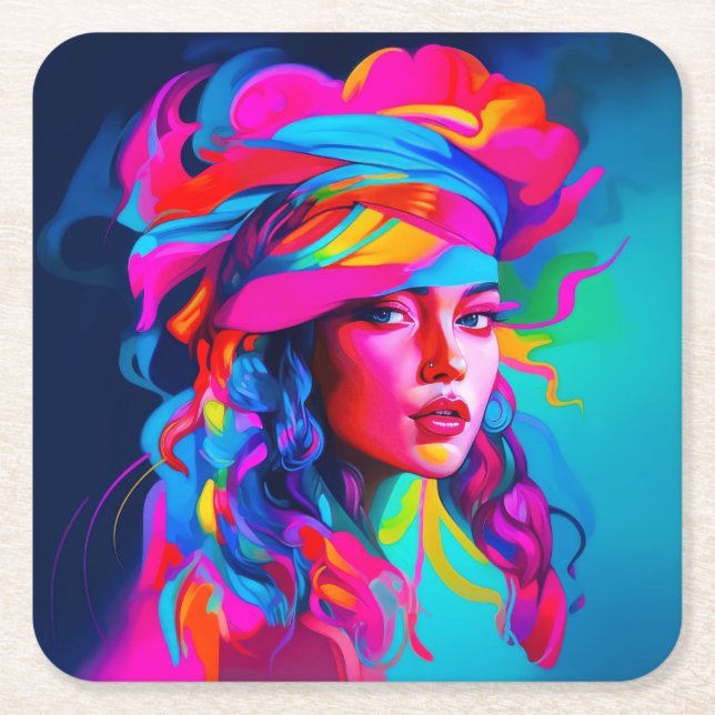 Posavasos Cuadrado De Papel Retrato abstracto vibrante (Anverso)