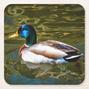 Posavasos Cuadrado De Papel Retrato artístico del pato mallard