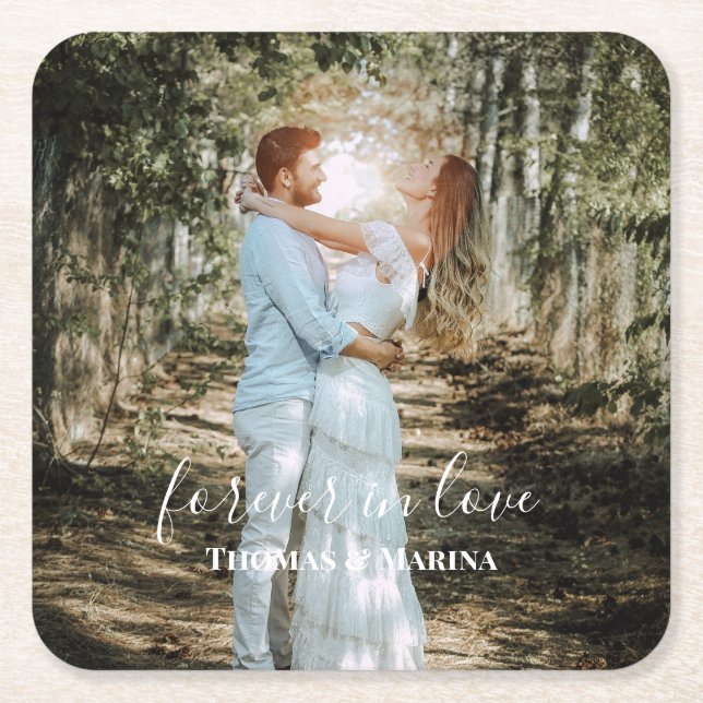 Posavasos Cuadrado De Papel Retrato Boda personalizado caligrafía moderna (Anverso)