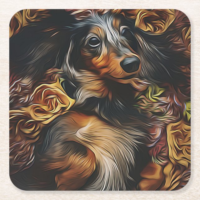 Posavasos Cuadrado De Papel Retrato De Alto Ángulo De Dachshund Sobre El Campo (Anverso)