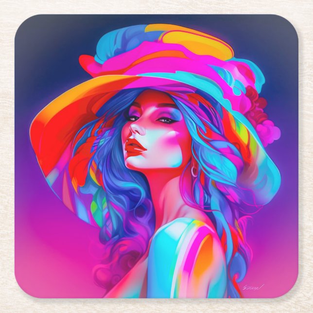 Posavasos Cuadrado De Papel Retrato de arte pop neón (Anverso)
