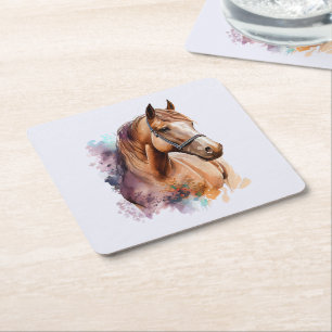 Posavasos Cuadrado De Papel Retrato de cabeza de caballo marrón en acuarela
