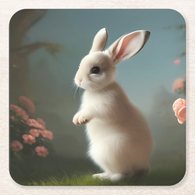 Posavasos Cuadrado De Papel Retrato de conejo para bebés (Anverso)