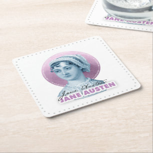 Posavasos Cuadrado De Papel Retrato de Jane Austen y rosa de la firma