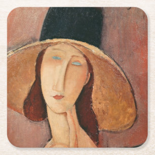 Posavasos Cuadrado De Papel Retrato de Jeanne Hebuterne en un gran gorra