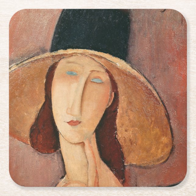 Posavasos Cuadrado De Papel Retrato de Jeanne Hebuterne en un gran gorra (Anverso)