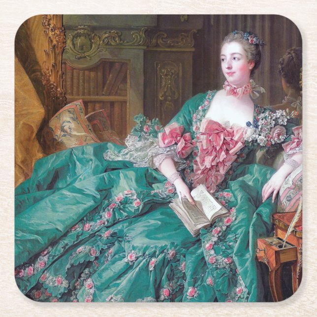 Posavasos Cuadrado De Papel Retrato de Madame Pompadour, Boucher, 1756 (Anverso)