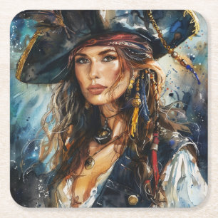 Posavasos Cuadrado De Papel Retrato de mujer pirata en acuarela