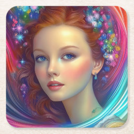 Posavasos Cuadrado De Papel Retrato de pelo arcoiris encantado