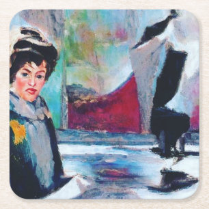 Posavasos Cuadrado De Papel Retrato femenino vintage con fondo abstracto