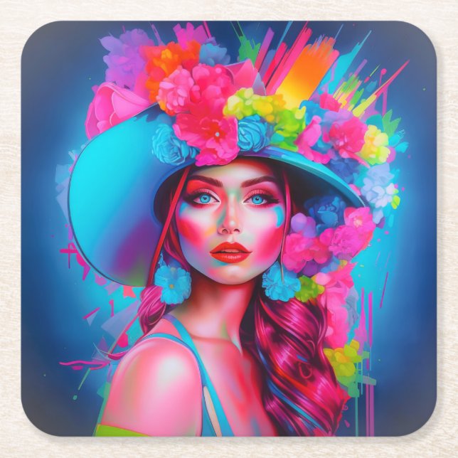 Posavasos Cuadrado De Papel Retrato floral de Neon Fantasy (Anverso)
