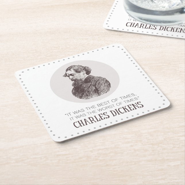Posavasos Cuadrado De Papel Retrato y cita de Charles Dickens (En perspectiva)