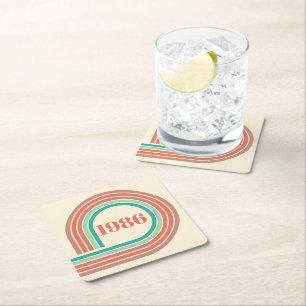 Posavasos Cuadrado De Papel Retro 1986 Cumpleaños 40 Corales Boho Rayas
