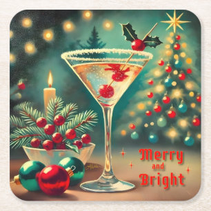 Posavasos Cuadrado De Papel Retro 50s Cóctel Martini de Navidad Alegre y Brill