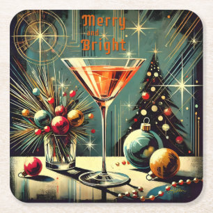 Posavasos Cuadrado De Papel Retro 50s Martini de Navidad Alegre y Brillante