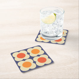 Posavasos Cuadrado De Papel Retro 70s Scandi Flowers - Orange on Navy Blue