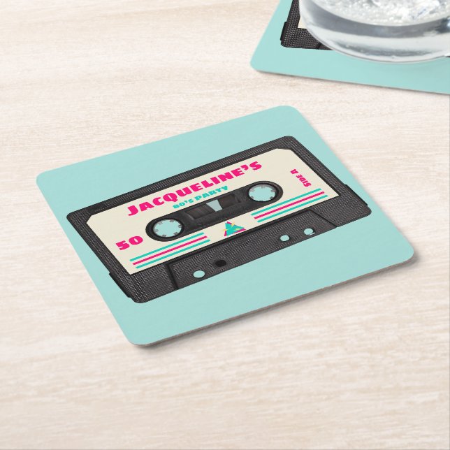 Posavasos Cuadrado De Papel Retro 80s Music Mix Tape 50th Birthday Party (En perspectiva)