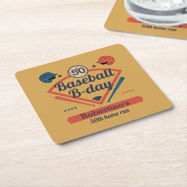 Posavasos Cuadrado De Papel Retro Baseball B-Day Men's 50th Birthday (En perspectiva)