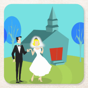 Posavasos Cuadrado De Papel Retro Boda Pareja Láminas de Papel