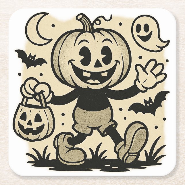 Posavasos Cuadrado De Papel Retro cartoon-inspired pumpkin Halloween coaster (Anverso)