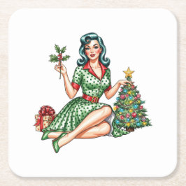 Posavasos Cuadrado De Papel Retro Christmas Pin-Up Paper Coaster