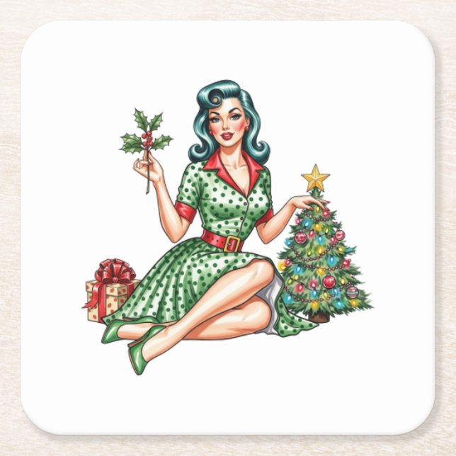 Posavasos Cuadrado De Papel Retro Christmas Pin-Up Paper Coaster (Anverso)
