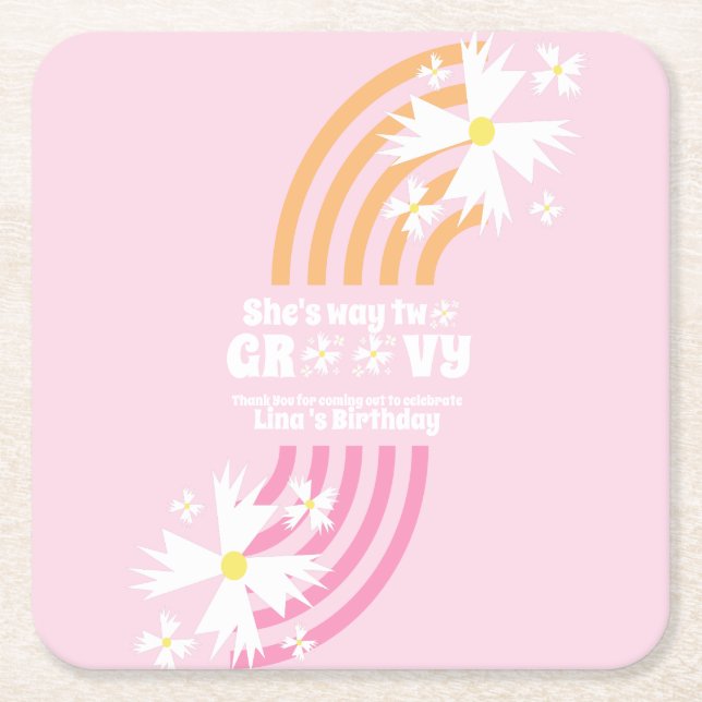Posavasos Cuadrado De Papel Retro Daisy Way Two Groovy Rainbow Fiesta (Anverso)